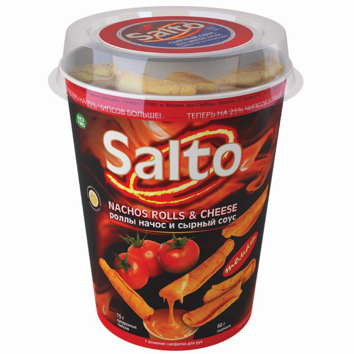 Salto Nachos Томат роллы чипсы кукурузные натуральные, 75 гН00003335 Salto Nachos Томат роллы чипсы кукурузные натуральные, 75 гН00003335Набор, состоящий из натуральных кукурузных чипсов (NASHOS) + сырный соус + влажная салфетка для рук.