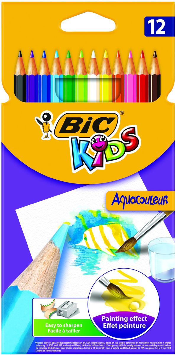 Bic Карандаши цветные Aquacouleur 12 цветовB8575613 Bic Карандаши цветные Aquacouleur 12 цветовB8575613Набор из 12 акварельных карандашей. Яркие цвета, легкая затачиваемость и высокая устойчивость к поломке делают эти карандаши отличным вариантом для детей. Можно использовать как обычные карандаши, а так же, проведя по рисунку влажной кисточкой, получить эффект акварели. Карандаши изготовлены с использованием высококачественного дерева и имеют шестигранный корпус. Цветной стержень толщиной 3,2 мм. обеспечивает хорошую степень закрашивания.