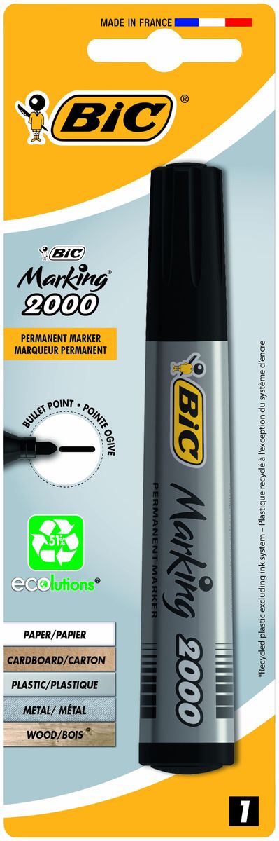 Bic Маркер перманентный Marking 2000 цвет черныйB8755761 Bic Маркер перманентный Marking 2000 цвет черныйB8755761Удобный перманентный маркер с чернилами на спиртовой основе и прочным акриловым пишущим узлом позволяет наносить линии толщиной 1,7 мм. Чернила быстро высыхает, что делает этот маркер отличным для левшей.