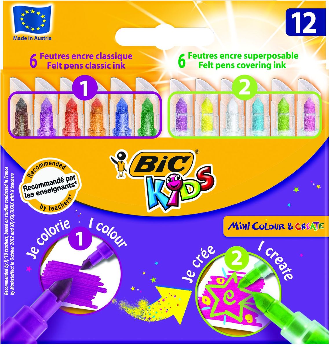 Bic Фломастеры Mini 12 цветовB892221 Bic Фломастеры Mini 12 цветовB892221Набор включает 6 обычных и 6 тонирующих фломастеров, с помощью которых можно создавать специальные эффекты. Чернила на водной основе легко смываются с кожи, большинства материалов и отстирываются с одежды. Фиксированный пишущий узел не даст стержню провалиться даже при сильном нажатии. Цветные фломастеры BIC KIDS Mini Colour and Create – это просто находка для маленьких любителей рисовать! Фломастеры оборудованы вентилируемым колпачком (в случае, если ребенок проглотит его, он сможет дышать). Конический пишущий узел позволяет рисовать как толстыми, так и тонкими линиями. Идеальны для ежедневного использования детьми от 5 лет.