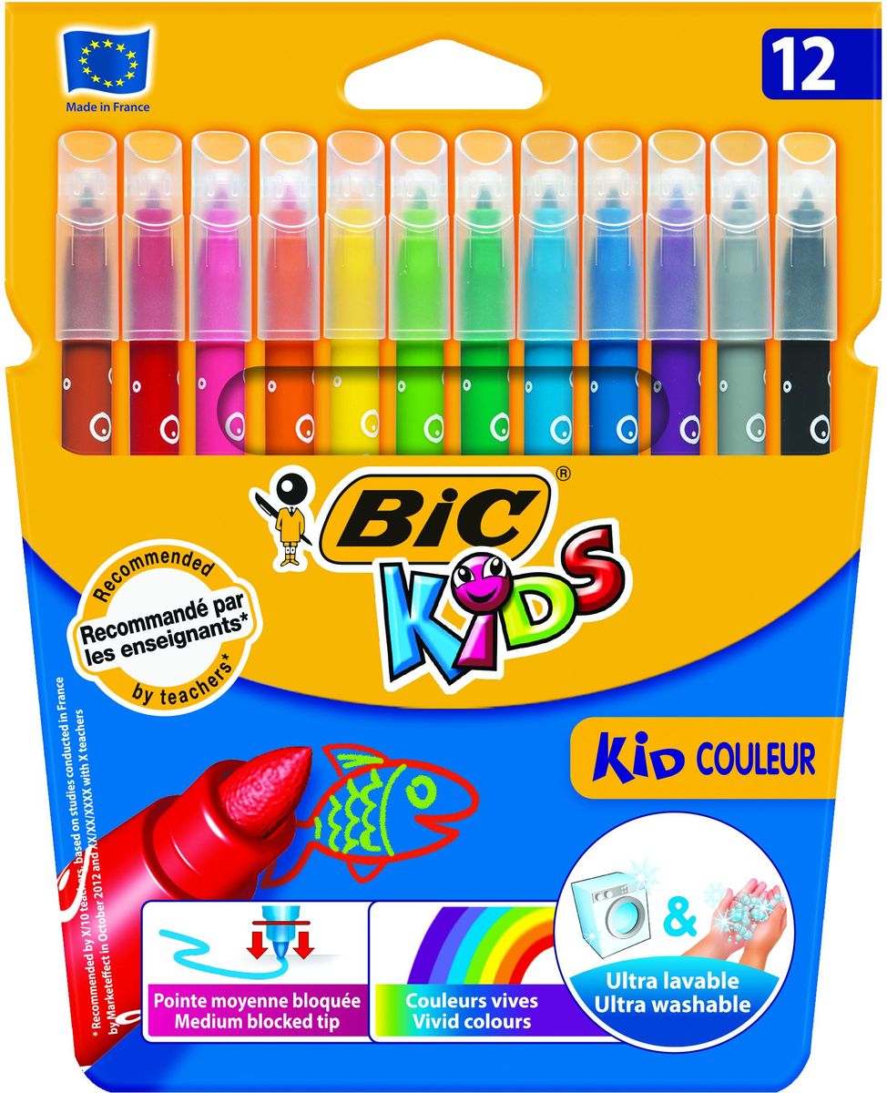 Bic Фломастеры Kid Couleur смываемые 12 цветовB920293 Bic Фломастеры Kid Couleur смываемые 12 цветовB920293Набор из 12 фломастеров. Чернила на водной основе легко смываются с большинства материалов и отстирываются с одежды. Фиксированный пишущий узел не даст стержню провалиться даже при сильном детском нажатии. Идеально подходят для раскрашивания и рисования. 12 ярких живых цвета.