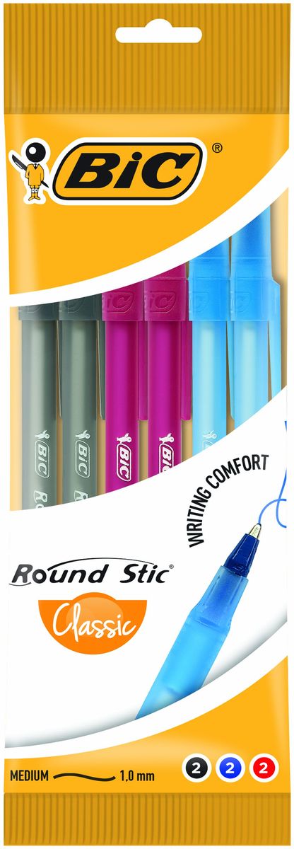 Bic Набор шариковых ручек Round Stick 6 штB929071 Bic Набор шариковых ручек Round Stick 6 штB929071Шариковая ручка Round Stic с пишущим узлом средней толщины имеет линию письма толщиной 0,4мм. Шариковая ручка Round Stick пишет мягко, не течет и не пачкает. Тонкий, слегка тонированный корпус соответствующий цвету чернил. Вентилируемый колпачок предотвратит высыхание чернил. В упаковке 6 ручек, по две каждого цвета (синий, черный, красный).
