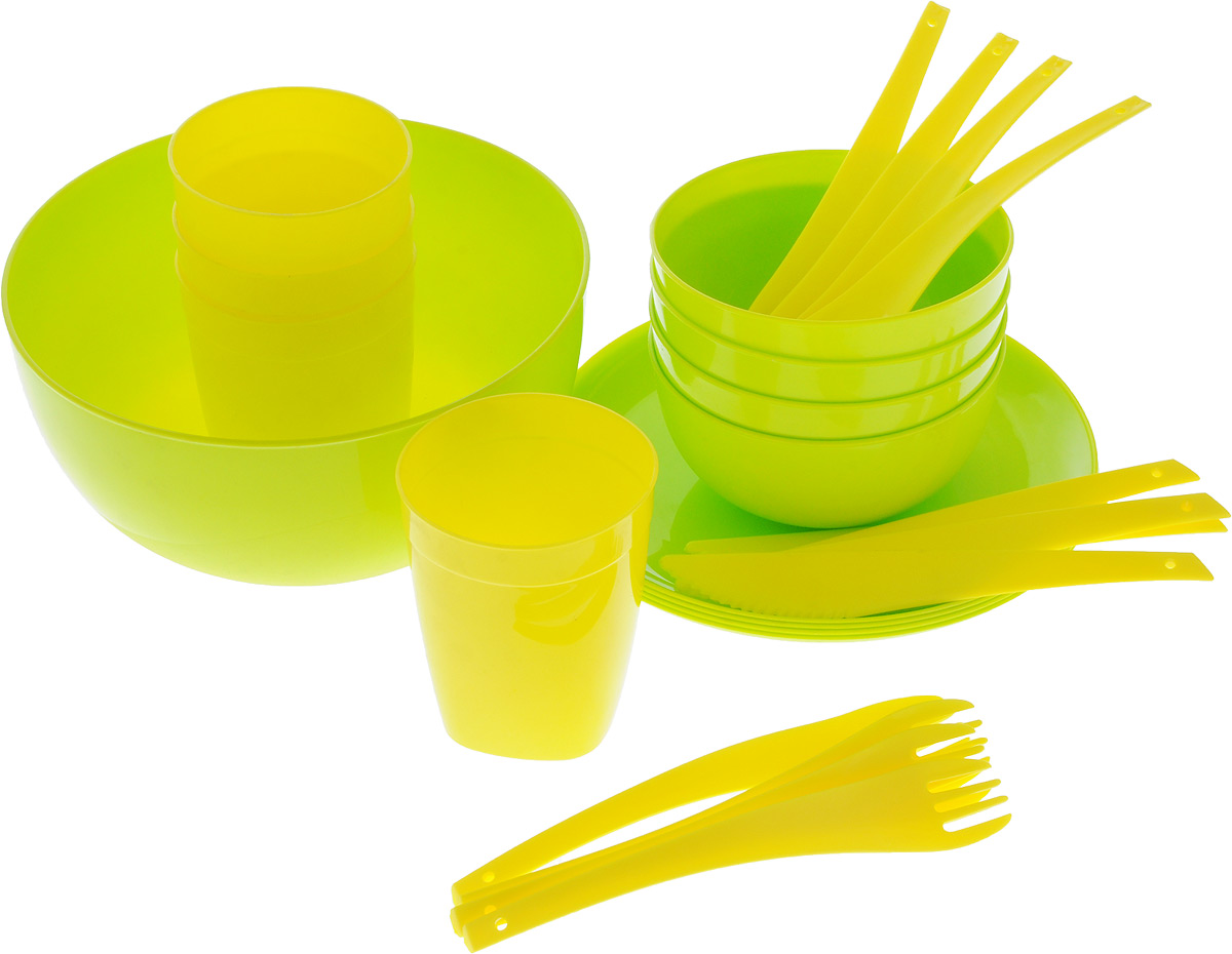 Набор для пикника Plastic repablic Ели-пили, 25 предметовТДД25561 Набор для пикника Plastic repablic Ели-пили, 25 предметовТДД25561Набор для пикника и барбекю Plastic repablic Ели-пили предназначен на 4 персоны. Изделия выполнены из высококачественного пищевого пластика. Прочный пластик подходит для многократного использования. Набор для пикника Ели-пили обеспечит полноценный отдых на природе для большой компании или семьи. В набор входят: - 1 большая миска - диаметр 21 см, высота стенки 10 см; - 4 маленьких миски - диаметр 12,5 см, высота стенок 6 см; - 4 тарелки - диаметр 20,5 см, высота стенок 1 см; - 4 стакана - объем 400 мл, диаметр (по верхнему краю) 8 см, высота 10 см; - 4 вилки - длина 19 см; - 4 ложки - длина 19 см; - 4 ножа - длина 19 см.