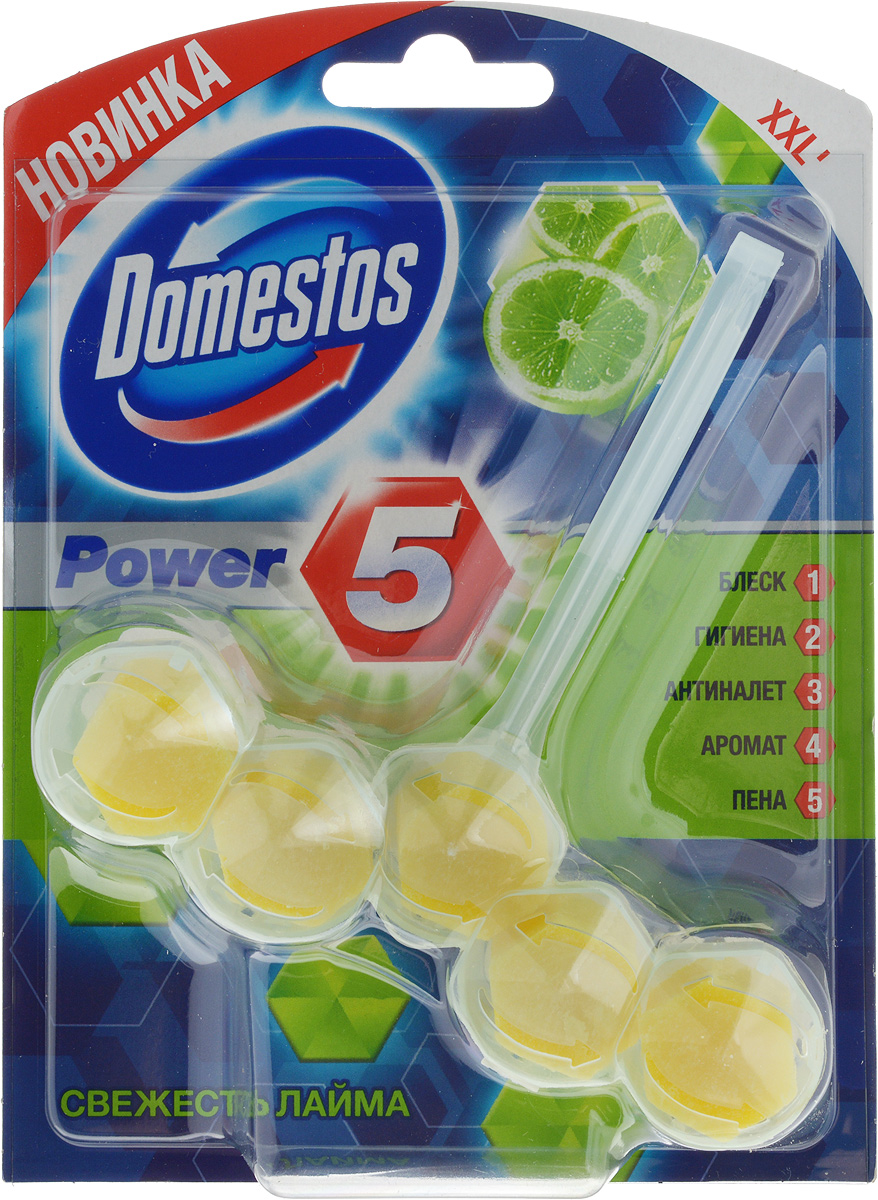 Блок для очищения унитаза Domestos Power 5. Свежесть лайма, 55 г67091917 Блок для очищения унитаза Domestos Power 5. Свежесть лайма, 55 г67091917Подвесной блок Domestos Power 5. Свежесть лайма предназначен для очищения унитаза. Он обеспечивает чистоту и свежесть до 3 недель. Средство образует обильную пену, предотвращает известковый налёт, борется с неприятными запахами и микробами, обеспечивает длительный аромат лайма. Для достижения максимального эффекта поместите продукт в место наиболее сильного потока воды при смыве. Туалетный блок для унитаза Domestos Power 5 - это сила пяти компонентов. Товар сертифицирован.