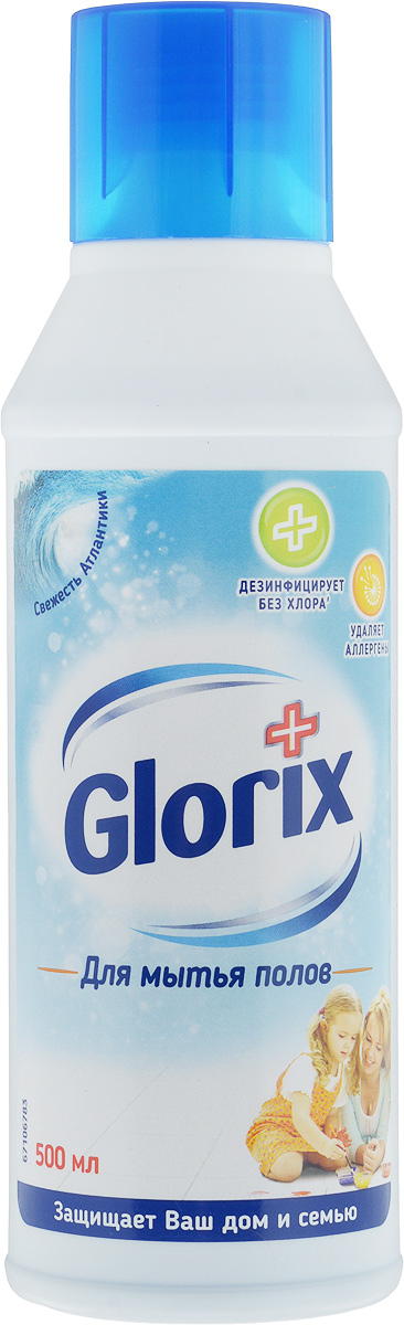 Чистящее средство для пола Glorix Свежесть Атлантики, 500 мл67106787 Чистящее средство для пола Glorix Свежесть Атлантики, 500 мл67106787Glorix Свежесть Атлантики - средство для мытья пола, которое эффективно очищает и дезинфицирует поверхности без хлора, обладает антибактериальным действием (убивает до 99,99% бактерий), удаляет все аллергены и придает приятный свежий запах. Антибактериальный эффект Glorix проявляется практически мгновенно, способствуя значительному снижению количества бактерий на поверхностях в доме. Активный дезинфицирующий компонент, входящий в состав, имеет ряд преимуществ: чистящий эффект, приятный запах и безопасность использования в домашних условиях. Средство абсолютно безопасно как для человека, так и для окружающей среды. Его можно использовать даже для мытья детских игрушек. Glorix Свежесть Атлантики идеально подходит для ежедневной гигиены во всем доме. Товар сертифицирован.