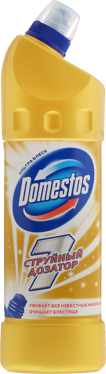 Чистящее средство для унитаза Domestos Ультра блеск, 1 л67068933 Чистящее средство для унитаза Domestos Ультра блеск, 1 л67068933Средство Domestos Ультра блеск предназначено для чистки унитаза. Благодаря инновационному 7-струйному дозатору Domestos эффективно очищает унитаз и убивает микробы, добираясь даже до самых труднодоступных мест, в которых очищение обычно затруднено. Предотвращает неприятные запахи. Средство обеспечивает 100% уничтожение опасных микробов (включая грибок), настоящую гигиену дома и предотвращает различные кишечные заболевания, которые могут быть вызваны этими микробами. Его уникальность состоит еще и в том, что гель, как универсальный продукт, можно использовать для различных целей: в чистом виде - для чистки и дезинфекции унитаза, ванны, стоков и сливов, а в разбавленном виде - для мытья различных поверхностей (пол, кафель, детские игрушки) и даже для отбеливания белья. Domestos рекомендован НИИ гигиены и охраны здоровья детей и подростков НЦЗД РАМН к использованию в детских учреждениях. Чистящее средство для унитаза Domestos Ультра Блеск при...