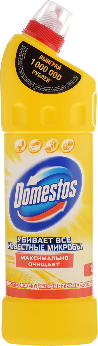 Универсальное чистящее средство Domestos Лимонная свежесть, 1 л67046667 Универсальное чистящее средство Domestos Лимонная свежесть, 1 л67046667Универсальное чистящее средство Domestos Лимонная свежесть эффективно уничтожает микробы во всем доме для защиты вашей семьи. Благодаря особой формуле с дезинфицирующим эффектом и чистящими компонентами Domestos убивает все известные микробы, максимально отчищает грязь и устраняет неприятные запахи. Средство можно использовать для различных целей: в чистом виде - для чистки и дезинфекции унитаза, ванны, стоков и сливов, а в разбавленном виде - для мытья различных поверхностей (пол, кафель, детские игрушки) и даже для отбеливания белья. Domestos рекомендован НИИ гигиены и охраны здоровья детей и подростков НЦЗД РАМН к использованию в детских учреждениях. Регулярно используйте Domestos Лимонная свежесть для постоянной чистоты и белизны. Товар сертифицирован.