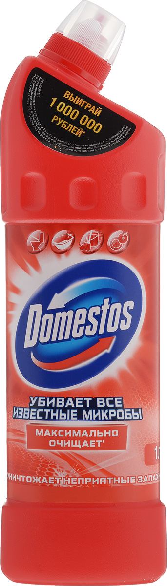 Универсальное чистящее средство Domestos Фруктовая свежесть, 1 л67046680 Универсальное чистящее средство Domestos Фруктовая свежесть, 1 л67046680Универсальное чистящее средство Domestos Фруктовая свежесть эффективно уничтожает микробы во всем доме для защиты вашей семьи. Благодаря особой формуле с дезинфицирующим эффектом и чистящими компонентами Domestos убивает все известные микробы, максимально отчищает грязь и устраняет неприятные запахи. Средство можно использовать для различных целей: в чистом виде - для чистки и дезинфекции унитаза, ванны, стоков и сливов, а в разбавленном виде - для мытья различных поверхностей (пол, кафель, детские игрушки) и даже для отбеливания белья. Domestos рекомендован НИИ гигиены и охраны здоровья детей и подростков НЦЗД РАМН к использованию в детских учреждениях. Регулярно используйте Domestos Фруктовая свежесть для постоянной чистоты и белизны. Товар сертифицирован.