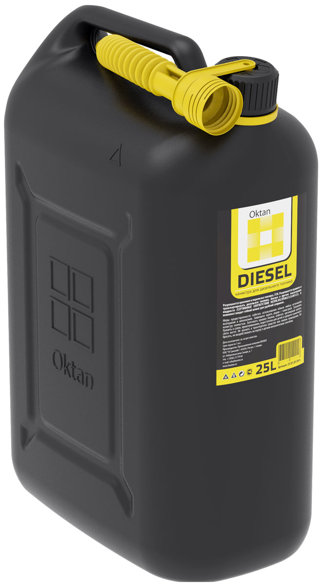 Канистра пластиковая OKTAN Diesel, для ГСМ, 25 лblk 25.01.01.00-4 Канистра пластиковая OKTAN Diesel, для ГСМ, 25 лblk 25.01.01.00-4Канистры пригодны для бензина и масла, не накапливают статистический заряд и сертифицированы в соответствии с законом о пожарной безопасности РФ. Канистры производятся на современном российском предприятии из первичного сырья. Материал: ПЭНД Объем 25 л