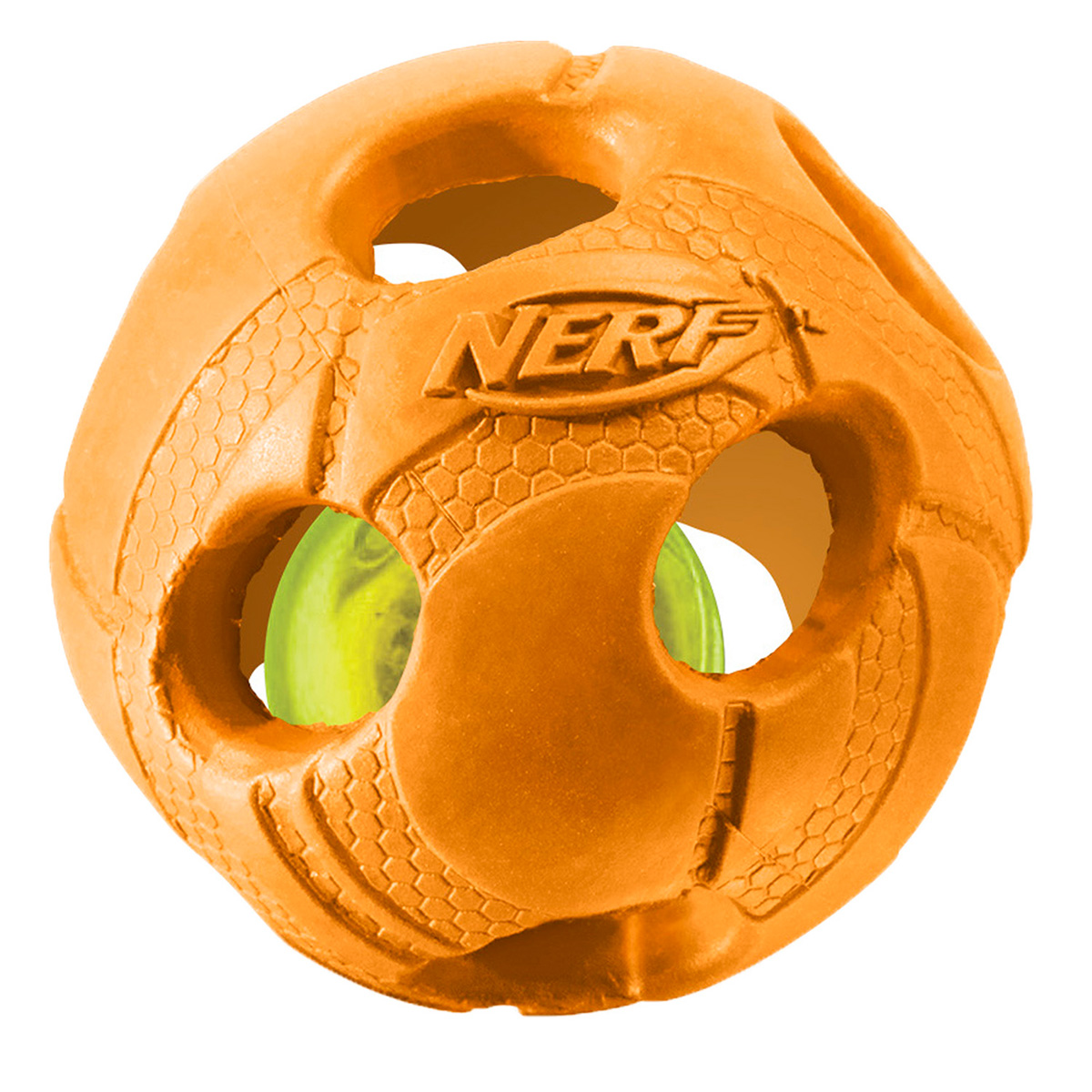 Игрушка для собак Nerf Мяч, светящийся, 9 см22620 Игрушка для собак Nerf Мяч, светящийся, 9 см22620Мяч из двух словев прочной резины с отыверстиями и LED-лампой внутри! LED при ударе начинает мигать, что приводит собаку в восторг, вдохновляя на игру! Оптимально для игры в темное время суток! Подходит собакам с мощной челюстью! Интересный рельефный рисунок! Диаметр: 9 см, M.