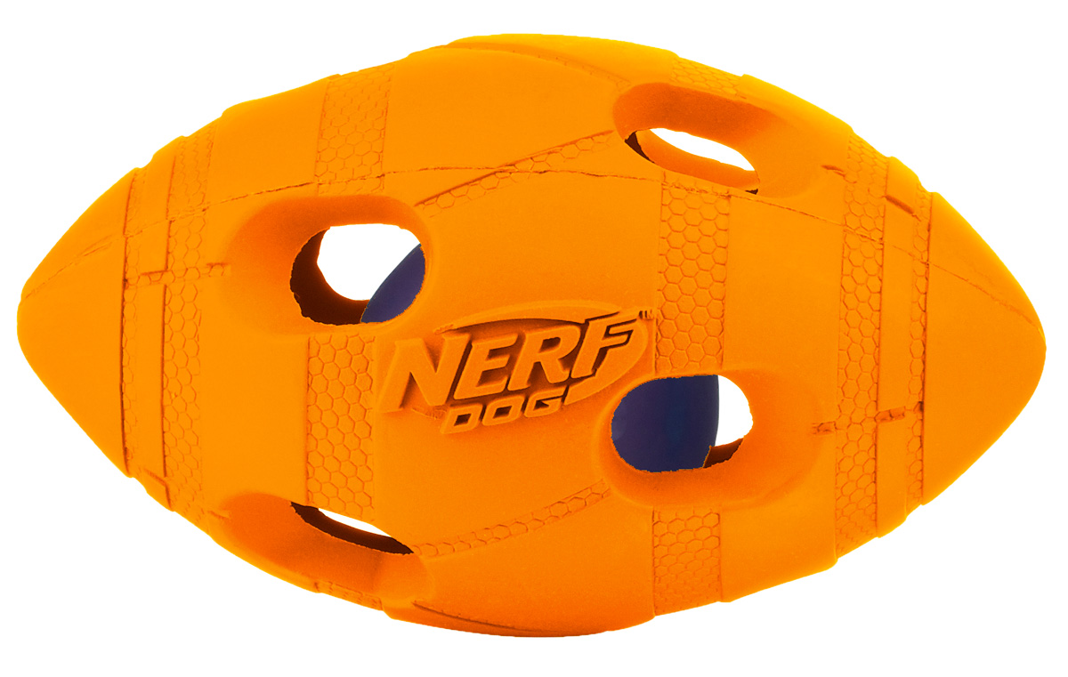 Игрушка для собак Nerf Мяч для регби, светящийся, 10 см22644 Игрушка для собак Nerf Мяч для регби, светящийся, 10 см22644Мяч-регби из двух словев прочной резины с отыверстиями и LED-лампой внутри! LED при ударе начинает мигать, что приводит собаку в восторг, вдохновляя на игру! Оптимально для игры в темное время суток! Подходит собакам с мощной челюстью! Интересный рельефный рисунок! Размер: 10 см, S.