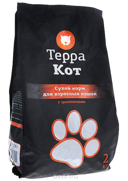 Сухой корм Терра Кот для взрослых кошек, с цыпленком, 2 кг00-00000399 Сухой корм Терра Кот для взрослых кошек, с цыпленком, 2 кг00-00000399Сухой корм Терра Кот - это полноценное сбалансированное питание для взрослых кошек, разработанное с использованием современных технологий. Сухой корм Терра Кот обеспечивает: крепкие кости и зубы; энергетический баланс; поддержку иммунитета; питание сердца; здоровую шерсть и кожу; витамины; отличное зрение; развитую мускулатуру; защиту ЖКТ. Характеристики: Состав: злаки, мясо и продукты животного происхождения, пшеничные отруби, экстракт белка растительного происхождения, подсолнечное масло, минеральные добавки, пульпа сахарной свеклы (жом), витамины, пивные дрожжи, витамины, антиоксидант, таурин. Содержание питательных веществ: влажность 9%, протеин 27%, жир 10%, зола 7,5%, клетчатка 3%, кальций 1,3%, фосфор 1,2%. Витаминов: А 5000 МЕ/кг, D3 500 МЕ/кг, Е 30 МЕ/кг. Энергетическая ценность: 345 ккал/100 г. Вес: 2 кг. Артикул: 00-00000399.