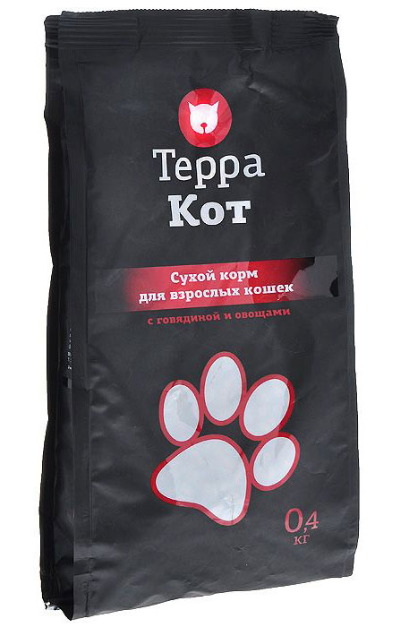 Сухой корм Терра Кот для взрослых кошек, с говядиной и овощами, 0,4 кг00-00000402 Сухой корм Терра Кот для взрослых кошек, с говядиной и овощами, 0,4 кг00-00000402Сухой корм Терра Кот - это полноценное сбалансированное питание для взрослых кошек, разработанное с использованием современных технологий. Сухой корм Терра Кот обеспечивает: крепкие кости и зубы; энергетический баланс; поддержку иммунитета; питание сердца; здоровую шерсть и кожу; витамины; отличное зрение; развитую мускулатуру; защиту ЖКТ. Характеристики: Состав: злаки, мясо и продукты животного происхождения (в т.ч. говяжья печень), пшеничные отруби, экстракт белка растительного происхождения, подсолнечное масло, овощи, минеральные добавки, пульпа сахарной свеклы (жом), витамины, пивные дрожжи, антиоксидант, таурин. Содержание питательных веществ: влажность 9%, протеин 27%, жир 10%, зола 7,5%, клетчатка 3%, кальций 1,3%, фосфор 1,2%. Витаминов: А 5000 МЕ/кг, D3 500 МЕ/кг, Е 30 МЕ/кг. Энергетическая ценность: 345 ккал/100 г. Вес: 0,4 кг. Артикул: 00-00000402.