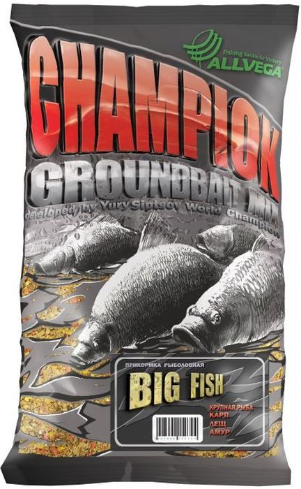 Прикормка ALLVEGA Champion Big Fish, крупная рыба, 1 кг0059187 Прикормка ALLVEGA Champion Big Fish, крупная рыба, 1 кг0059187CHAMPION - новая серия авторских прикормок от чемпиона мира в личном зачете Юрия Сипцова. Крупнофракционная питательная прикормка желтого цвета, с добавлением крупных ярких контрастных частиц, предназначенная для ловли крупной рыбы. Аромат сладкий, сильно выраженный. Вы можете смешать Big Fish с другой прикормкой, если хотите ловить более крупную рыбу.