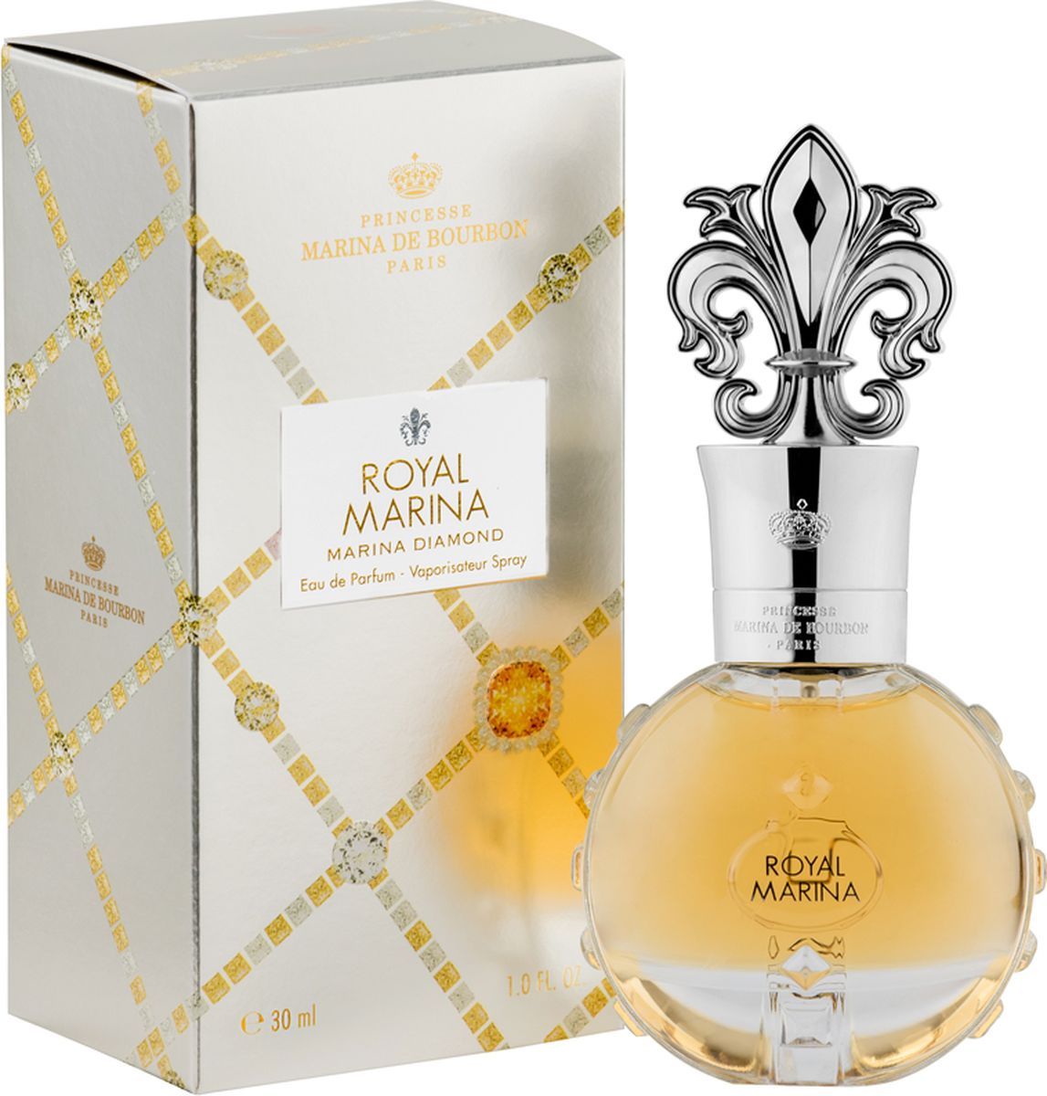 Princesse Marina De Bourbon Paris Royal Marina - Marina Diamond Парфюмерная вода 30 мл2804MB Princesse Marina De Bourbon Paris Royal Marina - Marina Diamond Парфюмерная вода 30 мл2804MBФЛАКОН: Ценный и роскошный флакон инкрустирован драгоценными ограненными камнями. Блеск сверкающего алмаза усиливается впечатляющей крышкой в виде геральдической лилии и с подписью Royal Marina. Золотая, статусная упаковка, рельефно украшенная драгоценными камнями, хранит внутри настоящее сокровище. АРОМАТ: Oбволакивающий, чувственный и теплый Royal Marina Diamond - это захватывающий аромат для гламурной и блистательной женщины, которая стремится произвести незабываемое впечатление и продемонстрировать свой страстный темперамент. Это чувственный и страстный парфюм; радостная сочность Брусники выделяет аромат лепестков Ириса и Жасмина. Изысканные цветочные ноты в центре окутаны экзотической чувственностью дерева Copaiba, в то же время прикосновение ванили и плодов мускуса подчеркивает остроту этого аромата. Oлнечный золотисто-янтарный оттенок просматривается сквозь изящное стекло, околдовывая видом сладкого нектара.