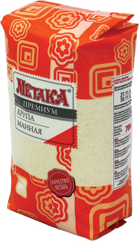 Метака крупа манная, 700 г047 Метака крупа манная, 700 г047Манная каша – отличный, полезный диетический продукт! Ее состав достаточно разнообразен, она содержит белок, витамины группы В (В1, В2), РР, минеральные вещества. Манная крупа Метака почти не содержит клетчатки и на две трети состоит из крахмала, благодаря чему эта каша очень сытная и быстро готовится. Cплошная польза!