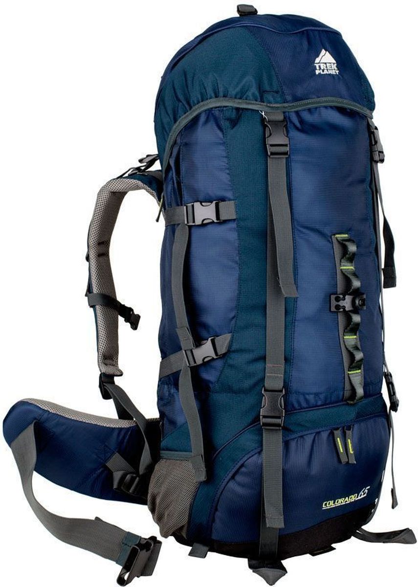 Рюкзак туристический Trek Planet Colorado 65, 65 л, цвет: синий, темно-синий70552 Рюкзак туристический Trek Planet Colorado 65, 65 л, цвет: синий, темно-синий70552Практичный туристический рюкзак Trek Planet COLORADO 65 станет отличным выбором для любителей походов и кемпингов. Анатомическая вентилируемая спина обеспечивает максимальный комфорт и стабилизацию рюкзака на спине. Оптимальное распределение нагрузки выполняет регулируемая система жесткой подвески V1. Объем рюкзака регулируется вертикальными и горизонтальными стропами. Дополнительный вход в нижнее отделение и два глубоких кармана на молнии по бокам. Особенности рюкзака: 2 глубоких кармана на молнии по бокам, 2 боковых сетчатых кармана на резинке, Карман на поясном ремне, Дополнительные лямки внизу для крепления снаряжения, 2 кармана в верхнем клапане, Дополнительный вход в нижнее отделение Компрессионные ремни. Съемный чехол от дождя. ХАРАКТЕРИСТИКИ: Объем рюкзака: 65 л. Материал: полиамид. Вес: 2100г. Цвет: серый. Артикул: 70552.