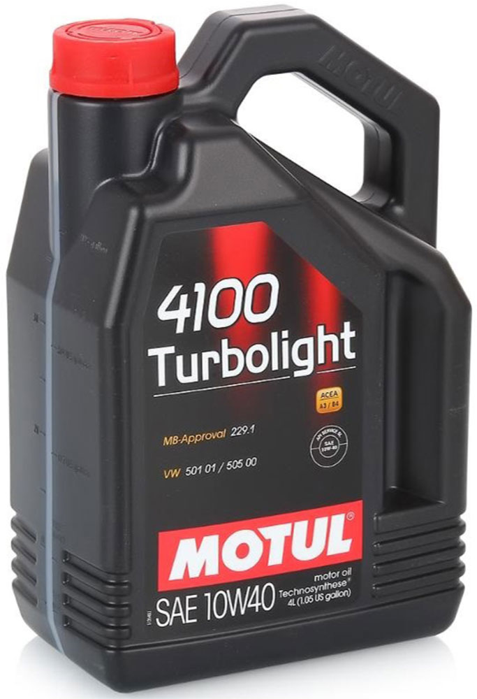 Масло моторное Motul 4100 Turbolight. Technosynthese, синтетическое, 10W-40, 4 л100355 Масло моторное Motul 4100 Turbolight. Technosynthese, синтетическое, 10W-40, 4 л100355Моторное масло для бензиновых и дизельных двигателей Technosynthese. Разработано специально для мощных двигателей. Подходит для всех бензиновых и дизельных двигателей: карбюраторных, впрысковых, атмосферных или турбированных, многоклапанных, с каталитическим конвертором или без. Совместимо со всеми видами топлива: бензин, дизельное и газовое топливо. ACEA Стандарты: ACEA A3/B4 API Стандарты: API SM/CF Одобрения: MB-Approval 229.1; PSA B71 2300; RENAULT RN0700; VW 501 01/505 00