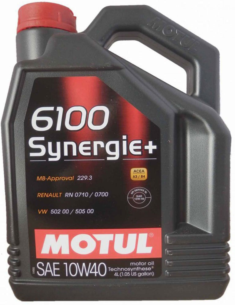 Масло моторное Motul 6100 Synergie+. Technosynthese, синтетическое, 10W-40, 4 л101491 Масло моторное Motul 6100 Synergie+. Technosynthese, синтетическое, 10W-40, 4 л101491Моторное масло для бензиновых и дизельных двигателей Technosynthese. Моторное масло специально разработанное для новых мощных автомобилей, с большой литровой мощностью. Турбо-дизельные двигатели с непосредственным впрыском, бензиновые двигатели с инжектором и каталитическим конвертором. Совместимо со всеми типами топлива: бензин (этилированный/неэтилированный), дизельное топливо, газ. Перед применением всегда сверяйтесь с руководством по эксплуатации автомобиля. ACEA Стандарты: ACEA A3/B4 API Стандарты: API SN/CF Одобрения: MB-Approval 229.3; VW 502 00 / 505 00; Renault RN 0710 / 0700; PSA B71 2300
