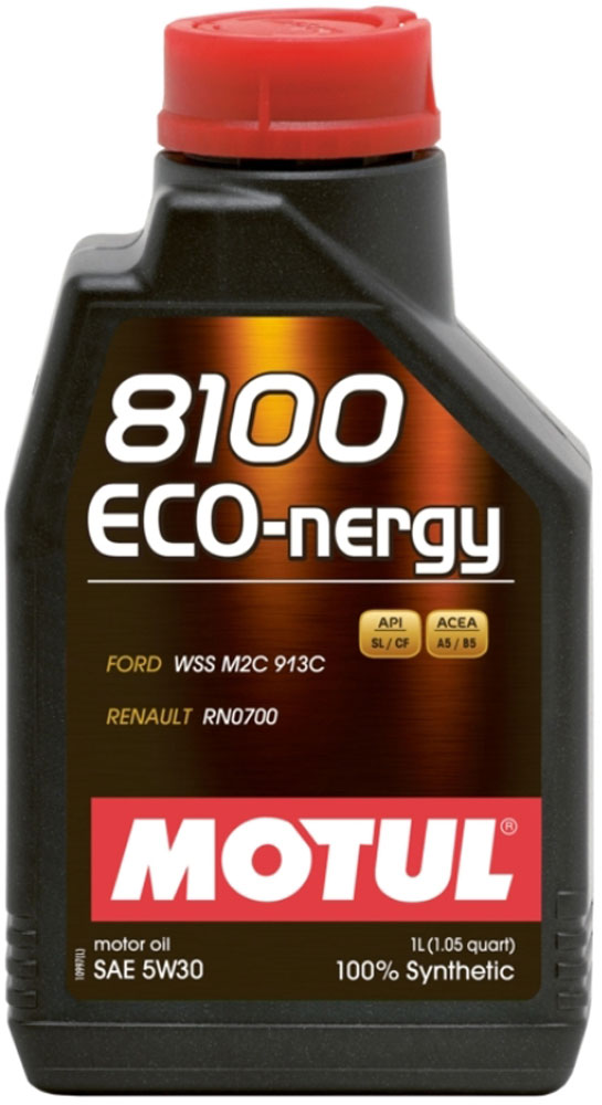Масло моторное Motul 8100 Eco-Nergy, синтетическое, 5W-30, 1 л102782 Масло моторное Motul 8100 Eco-Nergy, синтетическое, 5W-30, 1 л102782100% синтетическое моторное масло для бензиновых и дизельных двигателей. Энергосберегающее. Энергосберегающее 100% синтетическое моторное масло. Специально разработано для мощных современных бензиновых и дизельных двигателей автомобилей, в том числе с непосредственным впрыском, для которых предусмотрено использование масел с низкой высокотемпературной вязкостью в условиях высоких скоростей сдвига (HTHS). Предназначено для бензиновых и дизельных двигателей, созданных по новым технологиям, для которых предписаны масла Fuel Economy (ACEA A1/B1 и А5/В5). Совместимо с системами нейтрализации отработавших газов. ACEA Стандарты: ACEA A5/B5 API Стандарты: API SL/CF Одобрения: FORD WSS M2C 913D; Jaguar Land Rover STJLR.03.5003; Renault RN0700