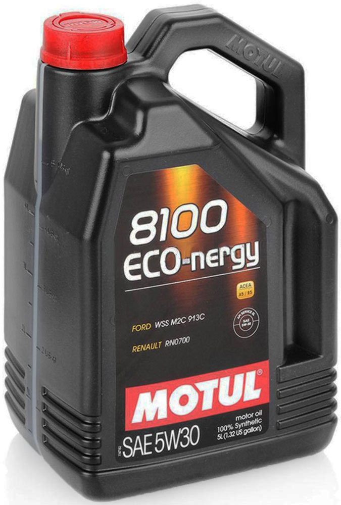 Масло моторное Motul 8100 Eco-Nergy, синтетическое, 5W-30, 5 л102898 Масло моторное Motul 8100 Eco-Nergy, синтетическое, 5W-30, 5 л102898100% синтетическое моторное масло для бензиновых и дизельных двигателей. Энергосберегающее. Энергосберегающее 100% синтетическое моторное масло. Специально разработано для мощных современных бензиновых и дизельных двигателей автомобилей, в том числе с непосредственным впрыском, для которых предусмотрено использование масел с низкой высокотемпературной вязкостью в условиях высоких скоростей сдвига (HTHS). Предназначено для бензиновых и дизельных двигателей, созданных по новым технологиям, для которых предписаны масла Fuel Economy (ACEA A1/B1 и А5/В5). Совместимо с системами нейтрализации отработавших газов. ACEA Стандарты: ACEA A5/B5 API Стандарты: API SL/CF Одобрения: FORD WSS M2C 913D; Jaguar Land Rover STJLR.03.5003; Renault RN0700