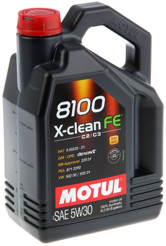 Масло моторное Motul 8100 X-Clean, синтетическое, 5W-30, 4 л104776 Масло моторное Motul 8100 X-Clean, синтетическое, 5W-30, 4 л104776100% синтетическое моторное масло со сниженным содержанием сульфатной золы (?0,8%), фосфора (0.07%-0.09%), серы (?0.3%) - Mid SAPS. Специально разработано для обеспечения высоких защитных свойств и топливной экономичности. Применяется для последнего поколения бензиновых и дизельных двигателей, отвечающих требованиям норм Евро IV и Евро V, которые оснащаются каталитическим нейтрализатором или сажевым фильтром (DPF). Соответствует требованиям PSA B71 2290 и GM-OPEL dexos2. ACEA Стандарты: ACEA C2 / C3 API Стандарты: API SERVICES SN / CF Одобрения: GM-OPEL dexos2; MB-Approval 229.51; PSA B71 2290; VW 502 00 / 505 01; FIAT 9.55535-S1 / S3