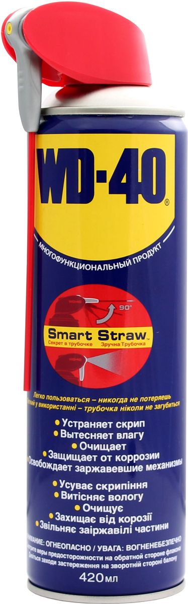Смазка универсальная WD-40, 420 мл03662 Смазка универсальная WD-40, 420 мл03662Средство универсальное WD-40 для тысячи применений на работе и в быту! WD-40 помогает деталям и механизмам работать исправно и эффективно. Устраняет скрип, вытесняет влагу с металлических поверхностей, очищает от смолы, клея, жира, оставляет защитную пленку против коррозии. Проникает в ржавчину и освобождает болты и гайки, смазывает движущие части механизмов.