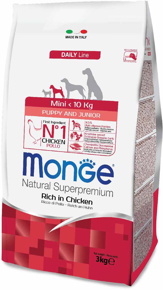 Корм сухой Monge Dog Mini, для щенков мелких пород, 3 кг70004015 Корм сухой Monge Dog Mini, для щенков мелких пород, 3 кг70004015Monge Dog Mini корм для щенков мелких пород, 3 кг. Полнорационный корм для собак на основе мяса курицы и риса. Предназначен для щенков и молодых собак мелких пород в возрасте до одного года, а также для самок в период беременности и лактации.Анализ компонентов: сырой белок 30,00%, сырые масла и жиры 18,00%, сырая клетчатка 2,00%, сырая зола 7,00%, кальций 1,50%, фосфор 1,20%, омега-6 жирные кислоты 7,00%, омега-3 жирные кислоты 0,70%. Пищевые добавки/кг: витамин А 26000 МЕ, витамин D3 1820 МЕ, витамин Е 200 мг, витамин В1 20 мг, витамин В2 25 мг, витамин В6 12 мг, витамин В12 240 мг, биотин 32 мг, ниацин 50 мг, витамин С 180 мг, пантотеновая кислота 30 мг, фолиевая кислота 2,80 мг, холина хлорид 3200 мг, инозитол 3,60 мг, Е5 сульфат марганца моногидрат 32 мг, Е6 оксид цинка 150 мг, Е4 сульфат меди пентагидрат 13 мг, Е1 сульфат железа моногидрат 110 мг, Е8 селенит натрия 0,20 мг, Е2 йодат кальция 1,80 мг, L-карнитин 150 мг, DL-метионин 7,40 г. Технологические...