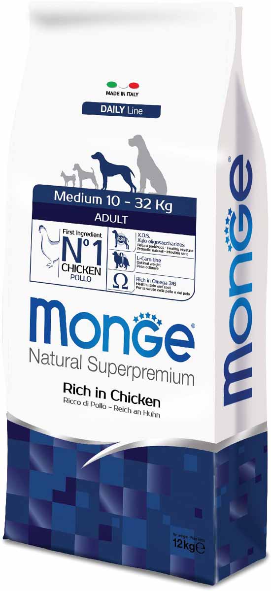 Корм сухой Monge Dog Medium, для взрослых собак средних пород, 12 кг70004275 Корм сухой Monge Dog Medium, для взрослых собак средних пород, 12 кг70004275Monge Dog Medium корм для взрослых собак средних пород, 12 кг. Полнорационный корм для собак на основе мяса цыпленка и риса. Анализ компонентов: сырой белок 26,00%, сырые масла и жиры 14,00%, сырая клетчатка 2,20%, сырая зола 6,50%, кальций 1,20%, фосфор 1,00%, омега-6 жирные кислоты 5,20%, омега-3 жирные кислоты 0,70%. Пищевые добавки/кг: витамин А 22000 МЕ, витамин D3 1550 МЕ, витамин Е 130 мг, витамин В1 10 мг, витамин В2 12,50 мг, витамин В6 6 мг, витамин В12 120 мг, биотин 16 мг, ниацин 25 мг, витамин С 180 мг, пантотеновая кислота 15 мг, фолиевая кислота 1,40 мг, холина хлорид 2400 мг, инозитол 3,00 мг, Е5 сульфат марганца моногидрат 32 мг, Е6 оксид цинка 150 мг, Е4 сульфат меди пентагидрат 13 мг, Е1 сульфат железа моногидрат 110 мг, Е8 селенит натрия 0,14 мг, Е2 йодат кальция 1,80 мг, L-карнитин 110 мг, DL-метионин 6,70г. Технологические добавки/кг: натуральная смесь из токоферола и экстракта розмарина обыкновенного. Органолептические добавки/кг:...