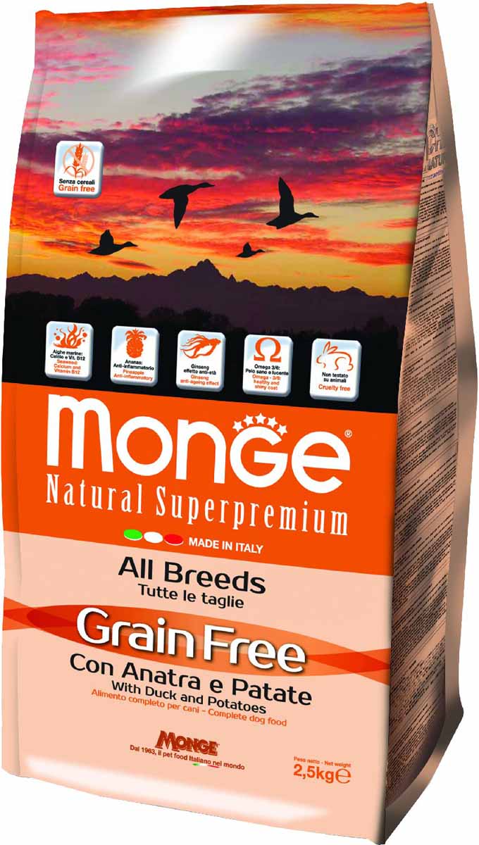 Корм сухой Monge Dog Grain Free, для собак всех пород, беззерновой, с уткой и картофелем, 2,5 кг70004732 Корм сухой Monge Dog Grain Free, для собак всех пород, беззерновой, с уткой и картофелем, 2,5 кг70004732Monge Dog GRAIN FREE беззерновой корм для собак всех пород, утка с картофелем, 2,5 кг. Полноценная сбалансированная беззерновая диета для собак, склонных к аллергической реакции на глютен, а также для молодых животных, ведущих активный образ жизни. Этот аппетитный легкоусваиваемый корм является поистине уникальным продуктом в линейке кормов Monge, поскольку только он создан на основе мяса утки, которое считается одним из наиболее ценных источников полноценного белка и витаминов группы B. Гарантированный анализ: сырой белок 30%, сырые масла и жиры 20%, сырая клетчатка 2,0%, сырая зола 7,50%, кальций 1,80%, фосфор 1,45%, Омега-6 жирные кислоты 3,75%, Омега-3 жирные кислоты 1,10%. Пищевые добавки/кг: витамин А (ретинола ацетат) 26000 МЕ, витамин D3 (холекальциферол) 1700 МЕ, витамин Е (альфа-токоферол ацетат) 520 мг, витамин В1 (тиамина нитрат) 12 мг, витамин В2 (рибофлавин) 15 мг, витамин В6 (пиридоксинагидрохлорид) 7 мг, витамин В12 140 мг, витамин Н (биотин) 19 мг, витамин...