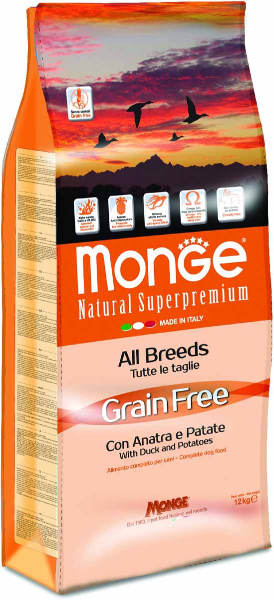Корм сухой Monge Dog Grain Free, для собак всех пород, беззерновой, с уткой и картофелем, 12 кг70004749 Корм сухой Monge Dog Grain Free, для собак всех пород, беззерновой, с уткой и картофелем, 12 кг70004749Monge Dog GRAIN FREE беззерновой корм для собак всех пород, утка с картофелем, 12 кг. Полноценная сбалансированная беззерновая диета для собак, склонных к аллергической реакции на глютен, а также для молодых животных, ведущих активный образ жизни. Этот аппетитный легкоусваиваемый корм является поистине уникальным продуктом в линейке кормов Monge, поскольку только он создан на основе мяса утки, которое считается одним из наиболее ценных источников полноценного белка и витаминов группы B. Гарантированный анализ: сырой белок 30%, сырые масла и жиры 20%, сырая клетчатка 2,0%, сырая зола 7,50%, кальций 1,80%, фосфор 1,45%, Омега-6 жирные кислоты 3,75%, Омега-3 жирные кислоты 1,10%. Пищевые добавки/кг: витамин А (ретинола ацетат) 26000 МЕ, витамин D3 (холекальциферол) 1700 МЕ, витамин Е (альфа-токоферол ацетат) 520 мг, витамин В1 (тиамина нитрат) 12 мг, витамин В2 (рибофлавин) 15 мг, витамин В6 (пиридоксинагидрохлорид) 7 мг, витамин В12 140 мг, витамин Н (биотин) 19 мг, витамин...