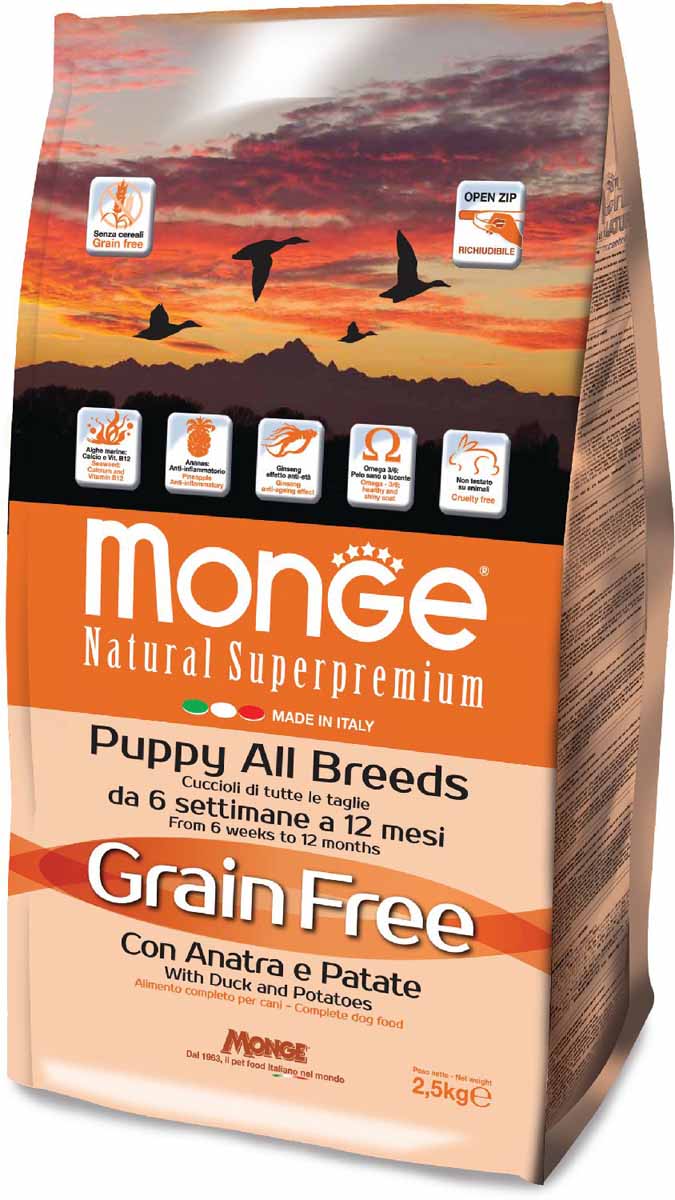 Корм сухой Monge Dog Grain Free, для щенков, беззерновой, с уткой и картофелем, 2,5 кг70004787 Корм сухой Monge Dog Grain Free, для щенков, беззерновой, с уткой и картофелем, 2,5 кг70004787Полнорационный корм для щенков всех пород с уткой и картофелем не содержит зерновых культур, 2,5 кг. Появление линии кормов Grain Free было обусловлено идеей создания для собак рациона питания, аналогичного тому, которое получали их неодомашненные предки, получавшие высокобелковую пищу и не употреблявшие зерновые продукты. Это питательный, высокоусваиваемый корм с высокой вкусовой привлекательностью. Оптимальное соотношение Омега-3 и Омега-6 жирных кислот обеспечивает блестящую шерсть и здоровую кожу питомца. Входящий в состав женьшень повышает общую сопротивляемость организма. Содержит глюкозамин и хондроитин для поддержания здоровья суставов и оптимального развития скелета. Щенок будет расти сильным и здоровым. Продукт не содержит красителей и консервантов. Продукт произведен в Италии. Анализ компонентов: сырой белок 29,00%, сырые масла и жиры 18,00%, сырая клетчатка 2,00%, сырая зола 7,50%, кальций 1,50%, фосфор 1,00%, омега-6 жирные кислоты 3,75%,...