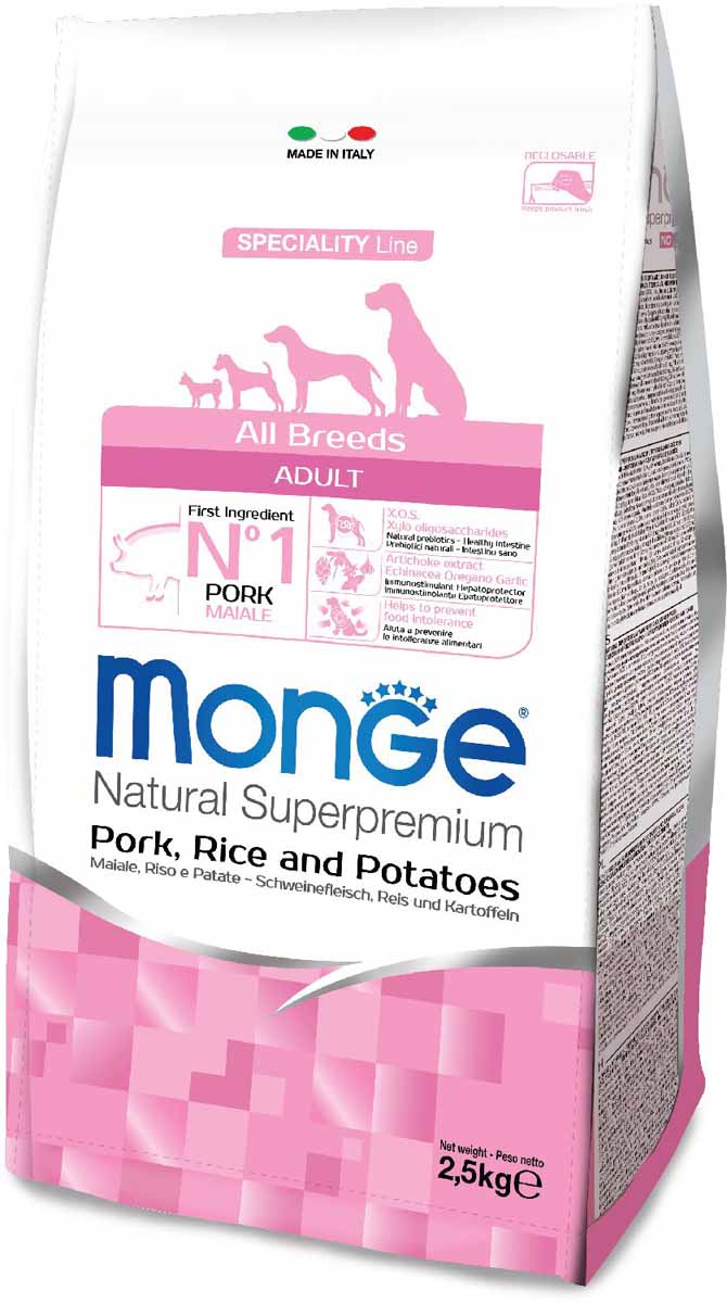 Корм сухой Monge Dog Speciality, для собак всех пород, со свининой, рисом и картофелем, 2,5 кг70011105 Корм сухой Monge Dog Speciality, для собак всех пород, со свининой, рисом и картофелем, 2,5 кг70011105Monge Dog Speciality для взрослых собак всех пород, свинина с рисом и картофелем, 2,5 кг. Сбалансированное полнорационное питание для взрослых собак всех пород. Линейка сухих рационов со специально подобранными источниками белка линейка полноценных сбалансированных рационов для взрослых собак всех пород SECIALITY LINE предназначена для собак, склонных к аллергическим реакциям и расстройствам пищеварения. В состав продукта входят отборные гипоаллергенные источники белка животного происхождения, что позволяет легко исключить из рациона ингредиенты, вызывающие аллергию. Высокая усвояемость корма гарантирует поступление в организм оптимального количества питательных веществ, необходимых собакам с чувствительным пищеварением. Оптимальный баланс омега-6 и омега-3 жирных кислот снижает риск развития воспаления и гарантирует превосходное состояние кожного покрова. Содержание в корме биотина, цинка и высокого уровня линолевой кислоты придает шерсти питомца блеск. Анализ...
