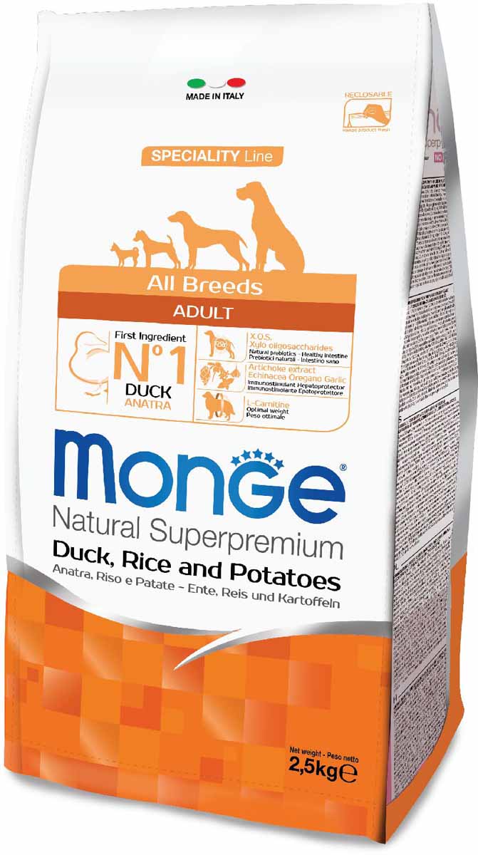 Корм сухой Monge Dog Speciality, для собак всех пород, с уткой, рисом и картофелем, 2,5 кг70011129 Корм сухой Monge Dog Speciality, для собак всех пород, с уткой, рисом и картофелем, 2,5 кг70011129Monge Dog Speciality для взрослых собак всех пород, утка с рисом и картофелем, 2,5 кг. Сбалансированное полнорационное питание для взрослых собак всех пород. Линейка сухих рационов со специально подобранными источниками белка линейка полноценных сбалансированных рационов для взрослых собак всех пород SECIALITY LINE предназначена для собак, склонных к аллергическим реакциям и расстройствам пищеварения. В состав продукта входят отборные гипоаллергенные источники белка животного происхождения, что позволяет легко исключить из рациона ингредиенты, вызывающие аллергию. Высокая усвояемость корма гарантирует поступление в организм оптимального количества питательных веществ, необходимых собакам с чувствительным пищеварением. Оптимальный баланс омега-6 и омега-3 жирных кислот снижает риск развития воспаления и гарантирует превосходное состояние кожного покрова. Содержание в корме биотина, цинка и высокого уровня линолевой кислоты придает шерсти питомца блеск. Анализ...