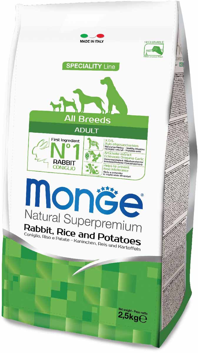 Корм сухой Monge Dog Speciality, для собак всех пород, с кроликом, рисом и картофелем, 2,5 кг70011143 Корм сухой Monge Dog Speciality, для собак всех пород, с кроликом, рисом и картофелем, 2,5 кг70011143Monge Dog Speciality для взрослых собак всех пород, кролик с рисом и картофелем, 2,5 кг. Сбалансированное полнорационное питание для взрослых собак всех пород. Линейка сухих рационов со специально подобранными источниками белка линейка полноценных сбалансированных рационов для взрослых собак всех пород SECIALITY LINE предназначена для собак, склонных к аллергическим реакциям и расстройствам пищеварения. В состав продукта входят отборные гипоаллергенные источники белка животного происхождения, что позволяет легко исключить из рациона ингредиенты, вызывающие аллергию. Высокая усвояемость корма гарантирует поступление в организм оптимального количества питательных веществ, необходимых собакам с чувствительным пищеварением. Оптимальный баланс омега-6 и омега-3 жирных кислот снижает риск развития воспаления и гарантирует превосходное состояние кожного покрова. Содержание в корме биотина, цинка и высокого уровня линолевой кислоты придает шерсти питомца блеск. ...