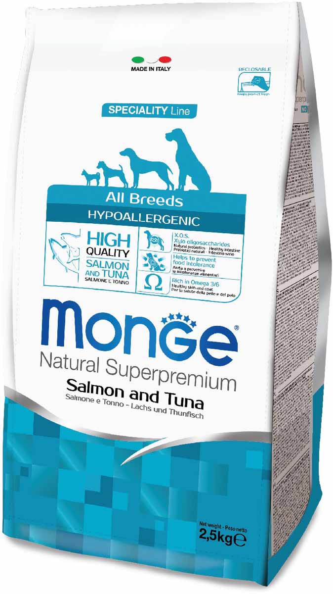 Корм сухой Monge Dog Speciality Hypoallergenic, для собак, гипоаллергенный, с лососем и тунцом, 2,5 кг70011167 Корм сухой Monge Dog Speciality Hypoallergenic, для собак, гипоаллергенный, с лососем и тунцом, 2,5 кг70011167Monge Dog Speciality Hypoallergenic -гипоаллергенный корм для собак всех пород, лосось с тунцом 2,5 кг. Полнорационный корм на основе риса, лосося и тунца для взрослых собак всех пород с особыми потребностями. Разработан на основе лосося северного моря, богат омега-3 и омега-6 жирными кислотами, которые позволяют предупредить воспалительные процессы и сохранить здоровье кожи и шерсти вашего питомца. Лосось и тунец обогащены ксилоолигосахаридами (КОС), натуральными пербиотиками, благодаря которым корм прекрасно подходит для собак с проблемами пищеварения и кожными заболеваниями. Данный продукт предназначен для собак с заболеваниями кожи, такими, как дерматит, перхоть, зуд, а также для собак со светлой шерстью. Анализ компонентов: сырой белок 24,00%, сырые масла и жиры 12,00%, сырая клетчатка 2,00%, сырая зола 6,50%, кальций 1,40%, фосфор 1,10%, омега-6 жирные кислоты 3,60%, омега-3 жирные кислоты 0,90%. Пищевые добавки/кг: витамин А 24000 МЕ, витамин D3 1700...