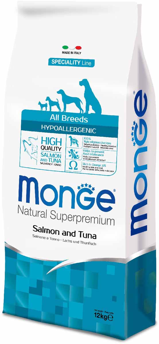 Корм сухой Monge Dog Speciality Hypoallergenic, для собак, гипоаллергенный, с лососем и тунцом, 12 кг70011174 Корм сухой Monge Dog Speciality Hypoallergenic, для собак, гипоаллергенный, с лососем и тунцом, 12 кг70011174Monge Dog Speciality Hypoallergenic - гипоаллергенный корм для собак всех пород, лосось с тунцом, 12 кг. Полнорационный корм на основе риса, лосося и тунца для взрослых собак всех пород с особыми потребностями. Разработан на основе лосося северного моря, богат омега-3 и омега-6 жирными кислотами, которые позволяют предупредить воспалительные процессы и сохранить здоровье кожи и шерсти вашего питомца. Лосось и тунец обогащены ксилоолигосахаридами (КОС), натуральными пербиотиками, благодаря которым корм прекрасно подходит для собак с проблемами пищеварения и кожными заболеваниями. Данный продукт предназначен для собак с заболеваниями кожи, такими, как дерматит, перхоть, зуд, а также для собак со светлой шерстью. Анализ компонентов: сырой белок 24,00%, сырые масла и жиры 12,00%, сырая клетчатка 2,00%, сырая зола 6,50%, кальций 1,40%, фосфор 1,10%, омега-6 жирные кислоты 3,60%, омега-3 жирные кислоты 0,90%. Пищевые добавки/кг: витамин А 24000 МЕ, витамин D3 1700...