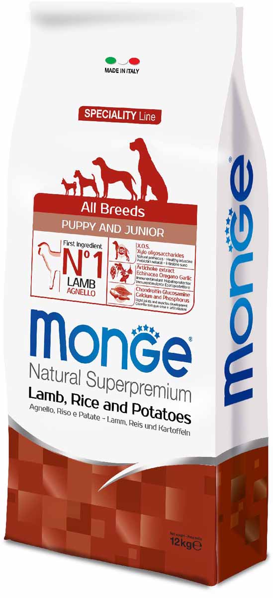 Корм сухой Monge Dog Speciality Puppy&Junior, для щенков всех пород, с ягненком, рисом и картофелем, 12 кг70011198 Корм сухой Monge Dog Speciality Puppy&Junior, для щенков всех пород, с ягненком, рисом и картофелем, 12 кг70011198Monge Dog Speciality Puppy&Junior с ягненком, рисом и картофелем, 12 кг. Полнорационный корм предназначен для щенков и молодых собак всех пород в возрасте от 2 до 12 месяцев, а также в период беременности и лактации. Идеально подходит для собак, нуждающихся в питании с низким содержанием холестерина. Ингредиенты, входящие в состав, помогают бороться с аллергическими реакциями и воспалениями и подходит для собак с проблемами пищеварения. Входящие в состав ФОС (фруктоолигосахариды) поддерживают здоровую микрофлору кишечника. Мясо ягненка и рис - это гарантия правильного усвоения белков и углеводов. Высокое содержание сбалансированных омега-3 и омега-6 жирных кислот, цинка и биотина обеспечивает блестящую шерсть и здоровую кожу питомца. Глюкозамин, хондроитин и МСМ благотворно влияют на здоровье суставов и всего костного аппарата, помогают предотвратить возникновение болезней суставов. Анализ компонентов: сырой белок 30,00%, сырые масла и жиры 18,00%, сырая...