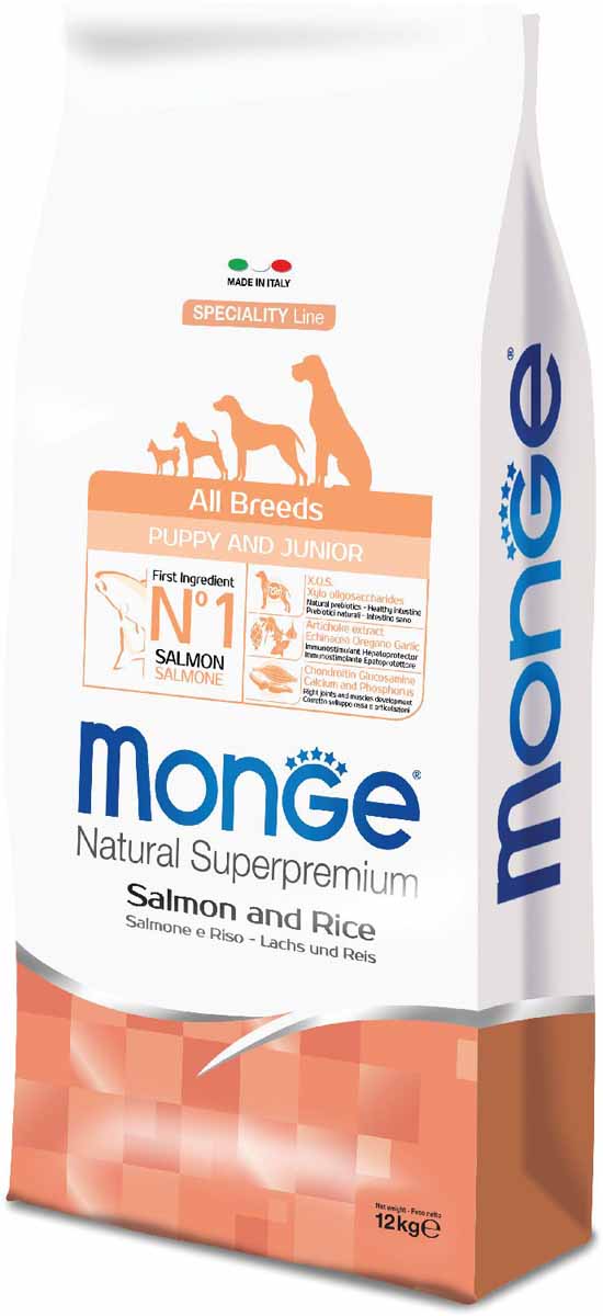 Корм сухой Monge Dog Speciality Puppy&Junior, для щенков всех пород, с лососем и рисом, 12 кг70011211 Корм сухой Monge Dog Speciality Puppy&Junior, для щенков всех пород, с лососем и рисом, 12 кг70011211Monge Dog Speciality Puppy&Junior с лососем и рисом, 12 кг. Полнорационный корм для щенков и молодых собак всех пород в возрасте от 2 до 12 месяцев, а также в период беременности и лактации. Разработан на основе лосося северного моря, богат омега-3 и омега-6 жирными кислотами, которые позволяют предупредить воспалительные процессы и сохранить здоровье кожи и шерсти вашего питомца. Лосось и рис гарантируют правильное усвоение белков и углеводов. Корм прекрасно подходит для собак с проблемами пищеварения и кожными заболеваниями. Данный продукт предназначен для собак с заболеваниями кожи, такими, как дерматит, перхоть, зуд, а также для собак со светлой шерстью. Глюкозамин, хондроитин и МСМ благотворно влияют на здоровье всего костного аппарата, помогают предотвратить возникновение болезней суставов. Анализ компонентов: сырой белок 31,00%, сырые масла и жиры 18,00%, сырая клетчатка 2,00%, сырая зола 6,00%, кальций 1,40%, фосфор 1,10%, омега-6 жирные кислоты 5,00%, омега-3...