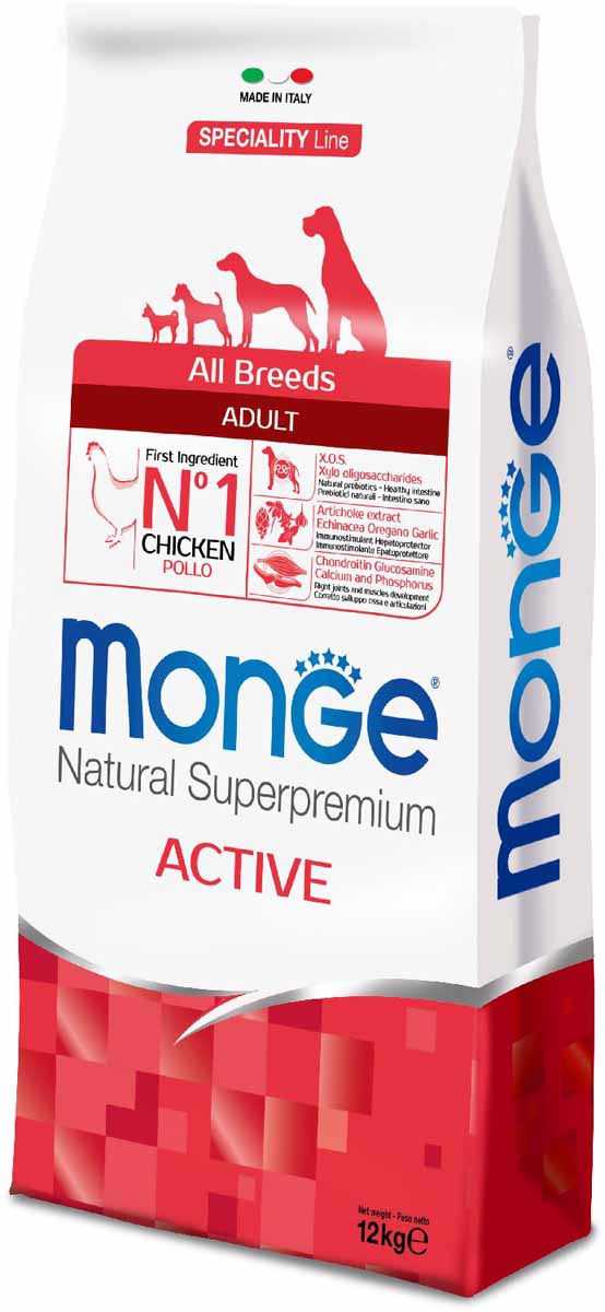 Корм сухой Monge Dog Speciality Active, для активных собак, с курицей, 12 кг70011242 Корм сухой Monge Dog Speciality Active, для активных собак, с курицей, 12 кг70011242Monge Dog Speciality Active - корм с курицей для взрослых собак всех пород с повышенной физической нагрузкой, 12 кг. Полноценный сбалансированный рацион для взрослых собак всех пород с высокой активностью и с особыми потребностями. Ингридиенты, входящие в состав корма, помогают бороться с аллергическими воспалительными реакциями. Высокий уровень белка и жира необходим для дополнительного обеспечения энергией активных собак и собак с повышенной физической нагрузкой. Содержание X.O.S. помогает сохранить естественный баланс кишечной микрофлоры, способствует оптимальному усвоению питательных веществ и повышает иммунитет. Глюкозамин, хондроитин, кальций и фосфор для здоровья суставов. Эти вещества в составе корма способствуют нормальному функционированию суставов опорно-двигательного аппарата. L-карнитин для улучшения обменных и энергетических процессов в мышцах. Необходим для формирования крепкой мускулатуры животных. Поддерживает правильную работу сердца и печени,...