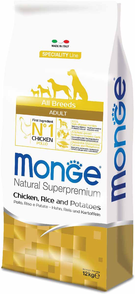 Корм сухой Monge Dog Speciality, для собак всех пород, с курицей, рисом и картофелем, 12 кг70011280 Корм сухой Monge Dog Speciality, для собак всех пород, с курицей, рисом и картофелем, 12 кг70011280Monge Dog Speciality корм для собак всех пород, курица с рисом и картофелем, 12 кг. Полнорационный корм на основе курицы, риса и картофеля для взрослых собак всех пород. Специально разработан для ежедневного диетического питания собаки. Ингредиенты, входящие в состав корма помогают бороться с аллергическими реакциями и воспалениями. Белое куриное мясо и рис - это гарантия правильного усвоения белков и углеводов. Прекрасно подходит для собак с проблемами пищеварения. Правильное соотношение биотина, цинка и высокий уровень линолевой кислоты обеспечивает блеск и здоровье шерсти. Корм с единственным источником белка - оптимальный вариант для собак, склонных к аллергическим реакциям и воспалениям. Анализ компонентов: сырой белок 25,00%, сырые масла и жиры 15,00%, сырая клетчатка 2,50%, сырая зола 6,50%, кальций 1,50%, фосфор 1,00%, омега-6 жирные кислоты 4,00%, омега-3 жирные кислоты 0,60%. Пищевые добавки/кг: витамин А 30000 МЕ, витамин D3 2100 МЕ, витамин Е 200 мг,...