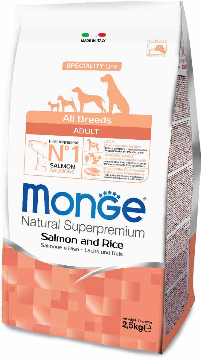 Корм сухой Monge Dog Speciality, для собак всех пород, с лососем и рисом, 2,5 кг70011297 Корм сухой Monge Dog Speciality, для собак всех пород, с лососем и рисом, 2,5 кг70011297Monge Dog Speciality корм для собак всех пород, лосось с рисом, 2,5 кг. Полнорационный корм на основе лосося и риса для взрослых собак всех пород с особыми потребностями. Разработан на основе лосося северного моря, богат омега-3 и омега-6 жирными кислотами, которые позволяют предупредить воспалительные процессы и сохранить здоровье кожи и шерсти вашего питомца. Лосось и рис гарантируют правильное усвоение белков и углеводов. Корм прекрасно подходит для собак с проблемами пищеварения и кожными заболеваниями. Данный продукт предназначен для собак с заболеваниями кожи, такими, как дерматит, перхоть, зуд, а также для собак со светлой шерстью. Глюкозамин, хондроитин и МСМ благотворно влияют на здоровье всего костного аппарата, помогают предотвратить возникновение болезней суставов. Анализ компонентов: сырой белок 25,00%, сырые масла и жиры 14,00%, сырая клетчатка 2,50%, сырая зола 6,50%, кальций 1,20%, фосфор 0,90%, омега-6 жирные кислоты 4,00%, омега-3 жирные кислоты...