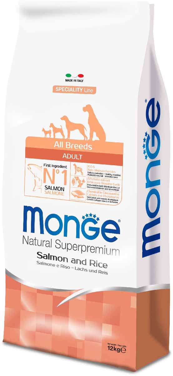 Корм сухой Monge Dog Speciality, для собак всех пород, с лососем и рисом, 12 кг70011303 Корм сухой Monge Dog Speciality, для собак всех пород, с лососем и рисом, 12 кг70011303Monge Dog Speciality корм для собак всех пород, лосось с рисом, 12 кг. Полнорационный корм на основе лосося и риса для взрослых собак всех пород с особыми потребностями. Разработан на основе лосося северного моря, богат омега-3 и омега-6 жирными кислотами, которые позволяют предупредить воспалительные процессы и сохранить здоровье кожи и шерсти вашего питомца. Лосось и рис гарантируют правильное усвоение белков и углеводов. Корм прекрасно подходит для собак с проблемами пищеварения и кожными заболеваниями. Данный продукт предназначен для собак с заболеваниями кожи, такими, как дерматит, перхоть, зуд, а также для собак со светлой шерстью. Глюкозамин, хондроитин и МСМ благотворно влияют на здоровье всего костного аппарата, помогают предотвратить возникновение болезней суставов.Анализ компонентов: сырой белок 25,00%, сырые масла и жиры 14,00%, сырая клетчатка 2,50%, сырая зола 6,50%, кальций 1,20%, фосфор 0,90%, омега-6 жирные кислоты 4,00%, омега-3 жирные кислоты...