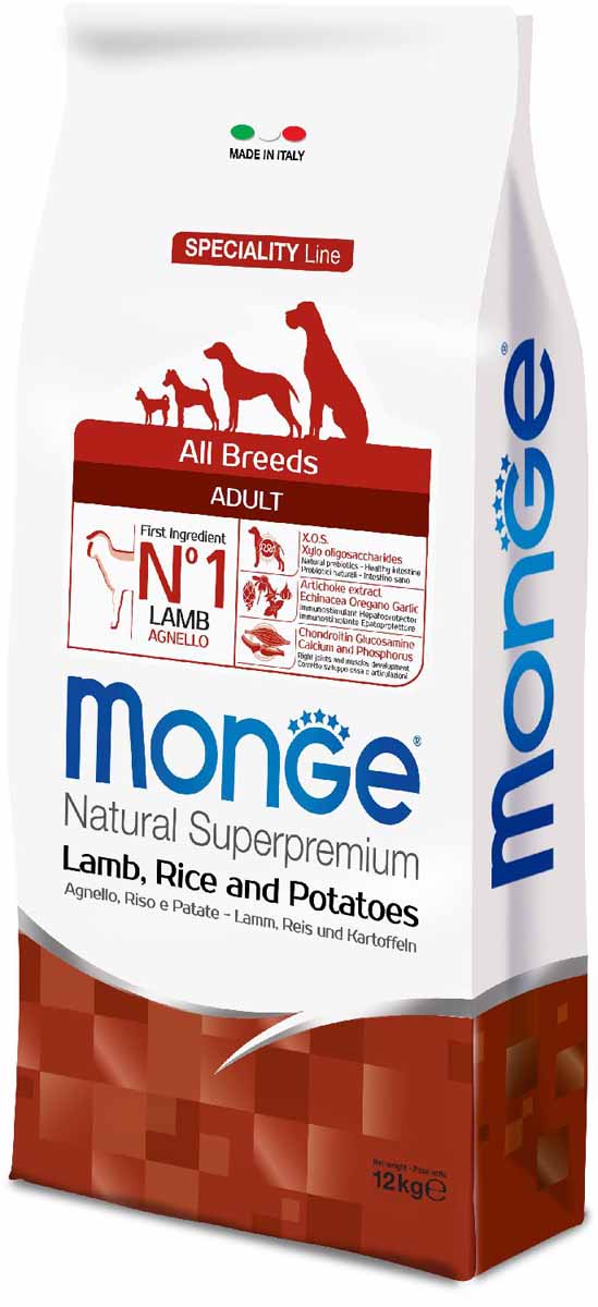 Корм сухой Monge Dog Speciality, для собак всех пород, с ягненком, рисом и картофелем, 12 кг70011327 Корм сухой Monge Dog Speciality, для собак всех пород, с ягненком, рисом и картофелем, 12 кг70011327Monge Dog Speciality корм для собак всех пород, ягненок с рисом и картофелем, 12 кг. Полнорационный корм для взрослых собак всех пород с ягненком, рисом и картофелем. Идеально подходит для собак, нуждающихся в питании с низким содержанием холестерина. Ингредиенты, входящие в состав, помогают бороться с аллергическими реакциями и воспалениями и подходит для собак с проблемами пищеварения. Входящие в состав КОС (ксилоолигосахариды) поддерживают здоровую микрофлору кишечника. Мясо ягненка и рис - это гарантия правильного усвоения белков и углеводов. Высокое содержание сбалансированных омега-3 и омега-6 жирных кислот, цинка и биотина обеспечивает блестящую шерсть и здоровую кожу питомца. Глюкозамин, хондроитин и МСМ благотворно влияют на здоровье суставов и всего костного аппарата, помогают предотвратить возникновение болезней суставов. Анализ компонентов: сырой белок 25,00%, сырые масла и жиры 16,00%, сырая клетчатка 2,20%, сырая зола 7,50%, кальций 1,60%, фосфор...