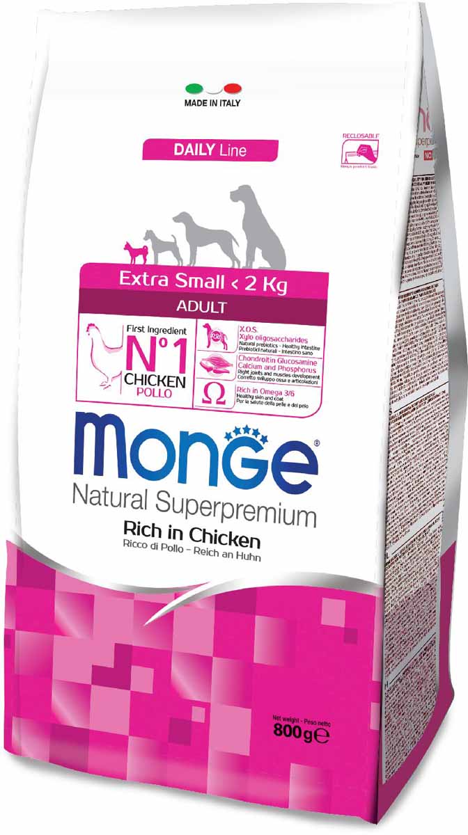 Корм сухой Monge Dog Extra Small, для взрослых собак миниатюрных пород, с курицей, 800 г70011419 Корм сухой Monge Dog Extra Small, для взрослых собак миниатюрных пород, с курицей, 800 г70011419Monge Dog Extra Small с курицей, 800 г. Полнорационный корм на основе мяса курицы. Специально разработан для ежедневного кормления взрослых собак миниатюрных пород с нормальной физической активностью. Анализ компонентов: сырой белок 26,00%, сырые масла и жиры 14,00%, сырая клетчатка 2,50%, сырая зола 6,00%, кальций 1,20%, фосфор 0,80%, омега-6 жирные кислоты 6,40%, омега-3 жирные кислоты 0,70%. Пищевые добавки/кг: витамин А 23000 МЕ, витамин D3 1600 МЕ, витамин Е 200 мг, витамин В1 10 мг, витамин В2 13 мг, витамин В6 6 мг, витамин В12 125 мг, биотин 17 мг, ниацин 26 мг, витамин С 180 мг, пантотеновая кислота 15 мг, фолиевая кислота 1,40 мг, холина хлорид 2500 мг, инозитол 3,00 мг, Е5 сульфат марганца моногидрат 35 мг, Е6 оксид цинка 160 мг, Е4 сульфат меди пентагидрат 13 мг, Е1 сульфат железа моногидрат 110 мг, Е8 селенит натрия 0,22 мг, Е2 йодат кальция 1,80 мг, L-карнитин 105 мг, DL-метионин 7,30г. Технологические добавки/кг: натуральная смесь из токоферола и экстракта...