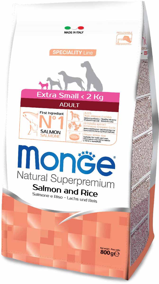 Корм сухой Monge Dog Speciality Extra Small, для взрослых собак миниатюрных пород, с лососем и рисом, 800 г70011457 Корм сухой Monge Dog Speciality Extra Small, для взрослых собак миниатюрных пород, с лососем и рисом, 800 г70011457Monge Dog Extra Small с лососем и рисом, 800 г. Полнорационный корм на основе лосося и риса. Специально разработан для ежедневного кормления взрослых собак миниатюрных пород с нормальной физической активностью. Анализ компонентов: сырой белок 26,00%, сырые масла и жиры 15,00%, сырая клетчатка 2,50%, сырая зола 5,00%, кальций 1,20%, фосфор 0,80%, омега-6 жирные кислоты 6,40%, омега-3 жирные кислоты 0,70%. Пищевые добавки/кг: витамин А 23000 МЕ, витамин D3 1600 МЕ, витамин Е 200 мг, витамин В1 10 мг, витамин В2 13 мг, витамин В6 6 мг, витамин В12 125 мг, биотин 17 мг, ниацин 26 мг, витамин С 180 мг, пантотеновая кислота 15 мг, фолиевая кислота 1,40 мг, холина хлорид 2500 мг, инозитол 3,00 мг, Е5 сульфат марганца моногидрат 35 мг, Е6 оксид цинка 160 мг, Е4 сульфат меди пентагидрат 13 мг, Е1 сульфат железа моногидрат 110 мг, Е8 селенит натрия 0,22 мг, Е2 йодат кальция 1,80 мг, L-карнитин 105 мг, DL-метионин 7,30г. Технологические добавки/кг: натуральная смесь из токоферола...