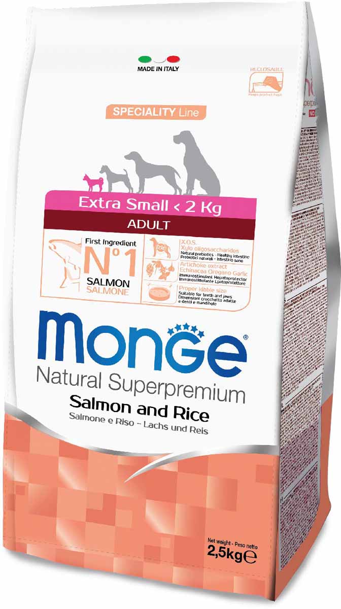 Корм сухой Monge Dog Speciality Extra Small, для взрослых собак миниатюрных пород, с лососем и рисом, 2,5 кг70011464 Корм сухой Monge Dog Speciality Extra Small, для взрослых собак миниатюрных пород, с лососем и рисом, 2,5 кг70011464Monge Dog Extra Small с лососем и рисом, 2,5 кг. Полнорационный корм на основе лосося и риса. Специально разработан для ежедневного кормления взрослых собак миниатюрных пород с нормальной физической активностью. Анализ компонентов: сырой белок 26,00%, сырые масла и жиры 15,00%, сырая клетчатка 2,50%, сырая зола 5,00%, кальций 1,20%, фосфор 0,80%, омега-6 жирные кислоты 6,40%, омега-3 жирные кислоты 0,70%. Пищевые добавки/кг: витамин А 23000 МЕ, витамин D3 1600 МЕ, витамин Е 200 мг, витамин В1 10 мг, витамин В2 13 мг, витамин В6 6 мг, витамин В12 125 мг, биотин 17 мг, ниацин 26 мг, витамин С 180 мг, пантотеновая кислота 15 мг, фолиевая кислота 1,40 мг, холина хлорид 2500 мг, инозитол 3,00 мг, Е5 сульфат марганца моногидрат 35 мг, Е6 оксид цинка 160 мг, Е4 сульфат меди пентагидрат 13 мг, Е1 сульфат железа моногидрат 110 мг, Е8 селенит натрия 0,22 мг, Е2 йодат кальция 1,80 мг, L-карнитин 105 мг, DL-метионин 7,30г. Технологические добавки/кг: натуральная смесь из токоферола...