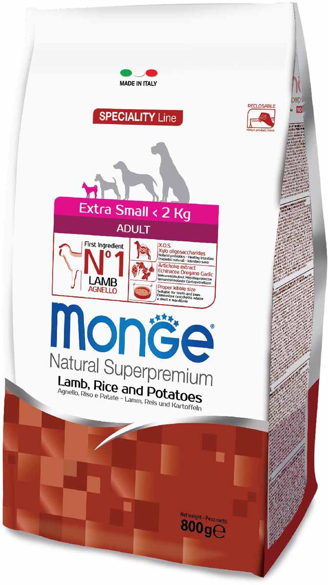 Корм сухой Monge Dog Speciality Extra Small, для взрослых собак миниатюрных пород, с ягненком, рисом и картофелем, 800 г70011471 Корм сухой Monge Dog Speciality Extra Small, для взрослых собак миниатюрных пород, с ягненком, рисом и картофелем, 800 г70011471Мonge Dog Speciality Extra Small ягненок, рис и картофель, 800 г. Полнорационный корм для взрослых собак миниатюрных пород идеально подходит для собак, нуждающихся в питании с низким содержанием холестерина. Ингредиенты, входящие в состав, помогают бороться с аллергическими реакциями и воспалениями и подходит для собак с проблемами пищеварения. Входящие в состав ФОС (фруктоолигосахариды) поддерживают здоровую микрофлору кишечника. Мясо ягненка и рис - это гарантия правильного усвоения белков и углеводов. Высокое содержание сбалансированных омега-3 и омега-6 жирных кислот, цинка и биотина обеспечивает блестящую шерсть и здоровую кожу питомца. Глюкозамин, хондроитин и МСМ благотворно влияют на здоровье суставов и всего костного аппарата, помогают предотвратить возникновение болезней суставов.Анализ компонентов: сырой белок 26,00%, сырые масла и жиры 15,00%, сырая клетчатка 2,50%, сырая зола 6,00%, кальций 1,20%, фосфор 0,80%, омега-6 жирные кислоты 6,40%, омега-3...