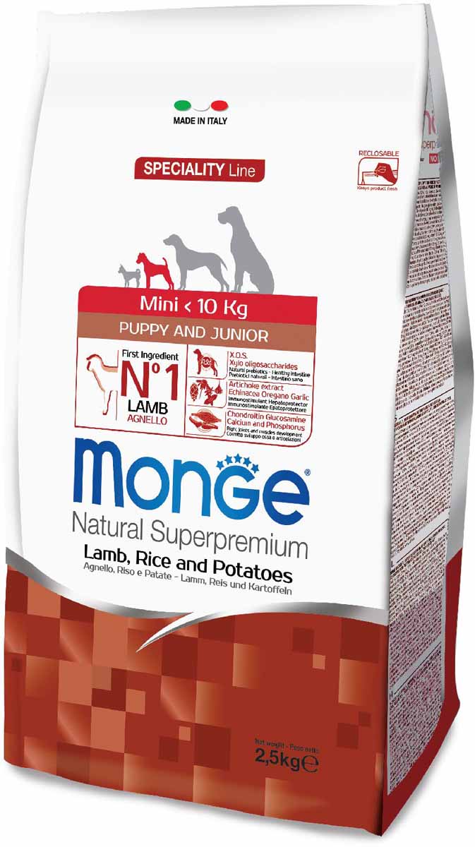 Корм сухой Monge Dog Speciality Mini, для щенков мелких пород, с ягненком, рисом и картофелем, 2,5 кг70011525 Корм сухой Monge Dog Speciality Mini, для щенков мелких пород, с ягненком, рисом и картофелем, 2,5 кг70011525Monge Dog Speciality Mini с ягненком и рисом, 2,5 кг. Полнорационный корм на основе ягненка, риса и картофеля. Предназначен для щенков и молодых собак мелких пород до 10 кг в возрасте до одного года, а также в период беременности и лактации. Анализ компонентов: сырой белок 28,00%, сырые масла и жиры 18,00%, сырая клетчатка 2,00%, сырая зола 6,50%, кальций 1,70%, фосфор 1,10%, омега-6 жирные кислоты 3,30%, омега-3 жирные кислоты 0,50%. Пищевые добавки/кг: витамин А 26000 МЕ, витамин D3 1800 МЕ, витамин Е 200 мг, витамин В1 22 мг, витамин В2 25 мг, витамин В6 12 мг, витамин В12 230 мг, биотин 30 мг, ниацин 80 мг, витамин С 185 мг, пантотеновая кислота 30 мг, фолиевая кислота 2,90 мг, холина хлорид 3600 мг, инозитол 3,60 мг, Е5 сульфат марганца моногидрат 32 мг, Е6 оксид цинка 150 мг, Е4 сульфат меди пентагидрат 13 мг, Е1 сульфат железа моногидрат 110 мг, Е8 селенит натрия 0,20 мг, Е2 йодат кальция 1,80 мг, L-карнитин 100 мг, DL-метионин 1,60г. Технологические добавки/кг:...
