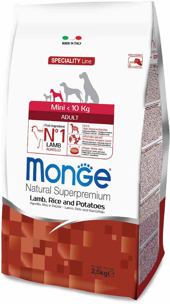 Корм сухой Monge Dog Speciality Mini, для взрослых собак мелких пород, с ягненком, рисом и картофелем, 2,5 кг70011549 Корм сухой Monge Dog Speciality Mini, для взрослых собак мелких пород, с ягненком, рисом и картофелем, 2,5 кг70011549Monge Dog Speciality корм для собак всех пород, ягненок с рисом и картофелем, 2,5 г. Полнорационный корм для взрослых собак всех пород с ягненком, рисом и картофелем. Идеально подходит для собак, нуждающихся в питании с низким содержанием холестерина. Ингредиенты, входящие в состав, помогают бороться с аллергическими реакциями и воспалениями и подходит для собак с проблемами пищеварения. Входящие в состав ФОС (фруктоолигосахариды) поддерживают здоровую микрофлору кишечника. Мясо ягненка и рис - это гарантия правильного усвоения белков и углеводов. Высокое содержание сбалансированных омега-3 и омега-6 жирных кислот, цинка и биотина обеспечивает блестящую шерсть и здоровую кожу питомца. Глюкозамин, хондроитин и МСМ благотворно влияют на здоровье суставов и всего костного аппарата, помогают предотвратить возникновение болезней суставов. Анализ компонентов: сырой белок 27,00%, сырые масла и жиры 14,00%, сырая клетчатка 2,50%, сырая зола 6,50%, кальций 1,70%, фосфор...